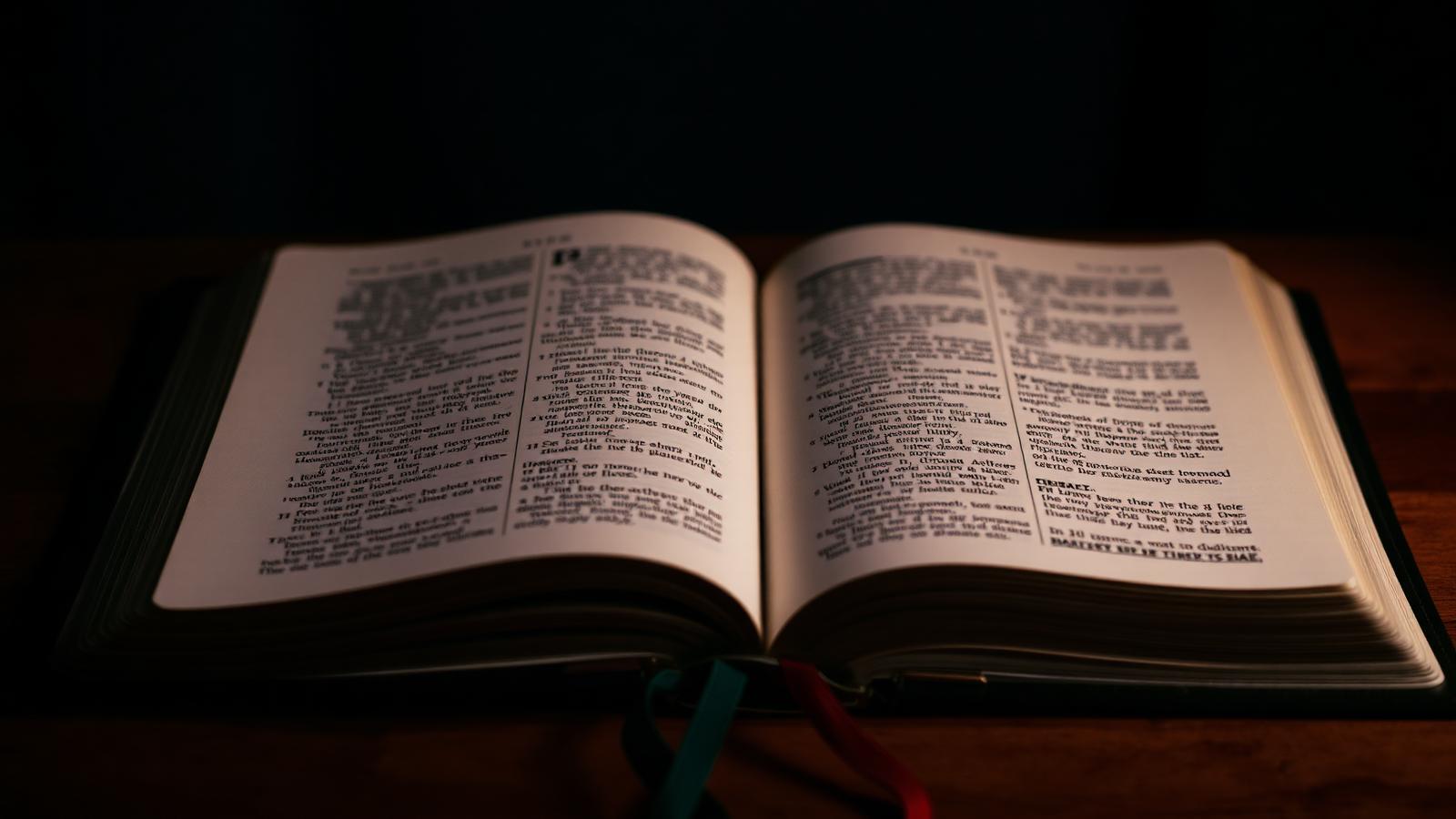 Open Bible lit softly in a dark room